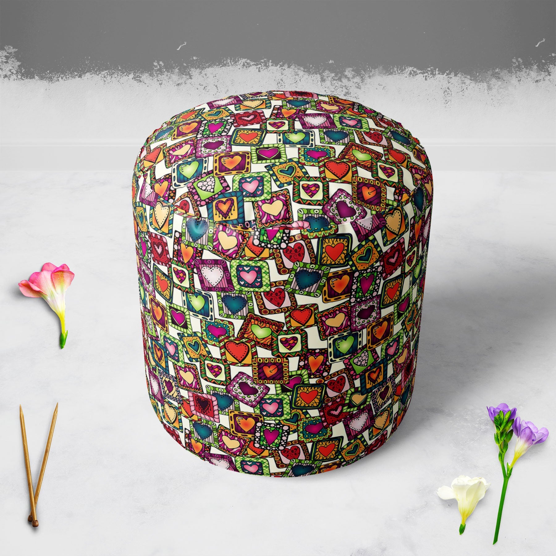 Doodle Hearts D2 Footstool Footrest Puffy Pouffe Ottoman Bean Bag | Canvas Fabric