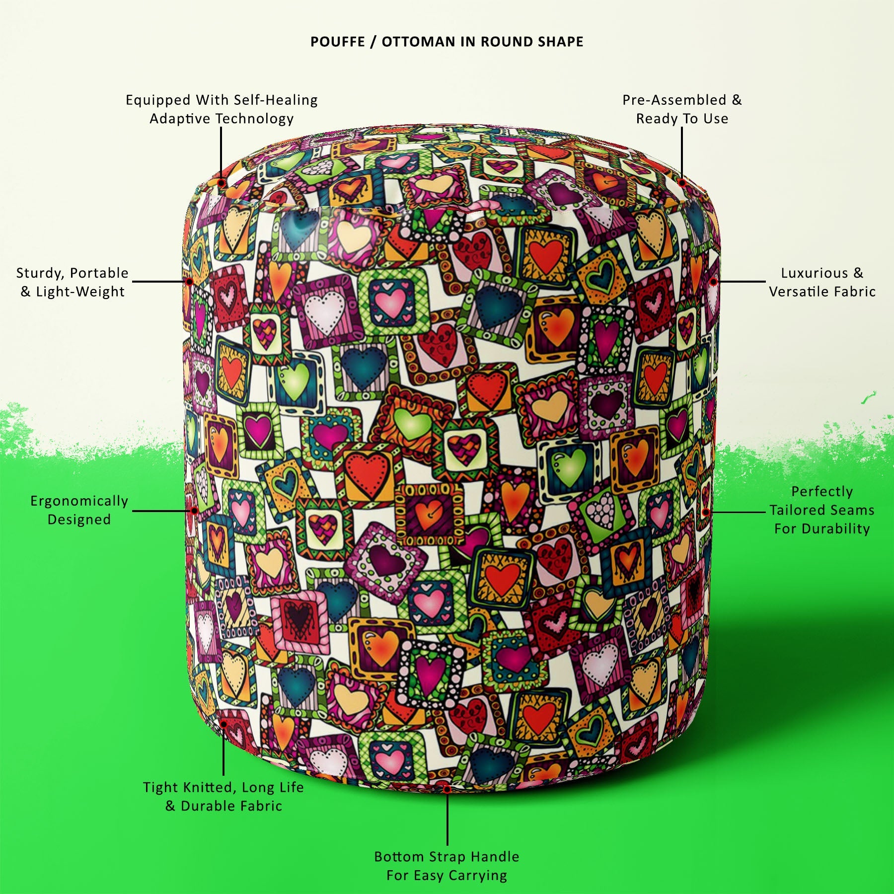 Doodle Hearts D2 Footstool Footrest Puffy Pouffe Ottoman Bean Bag | Canvas Fabric