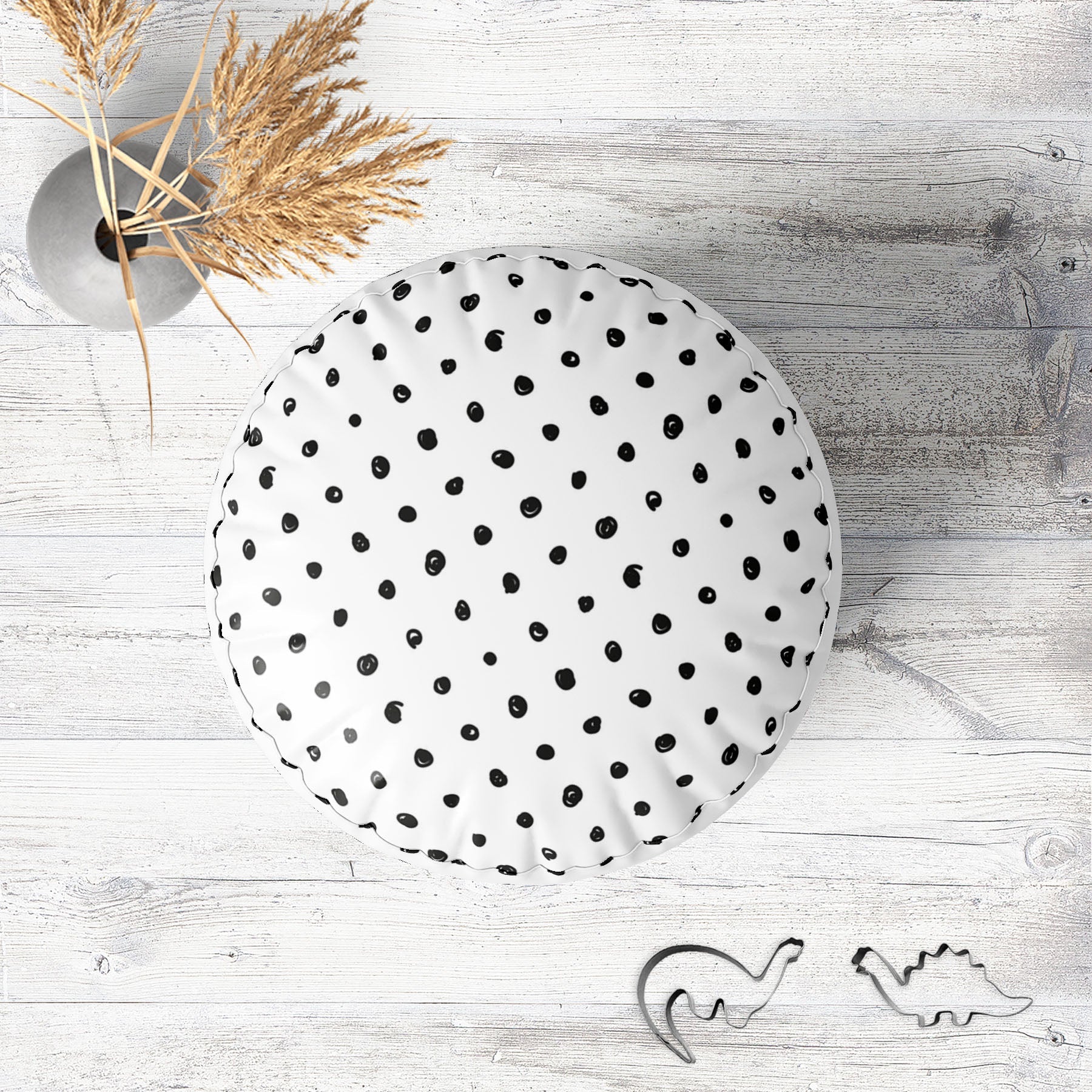 Black Polka Footstool Footrest Puffy Pouffe Ottoman Bean Bag | Canvas Fabric