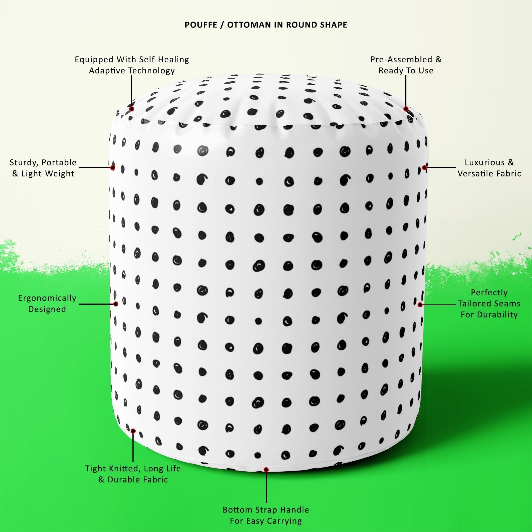 Black Polka Footstool Footrest Puffy Pouffe Ottoman Bean Bag | Canvas Fabric