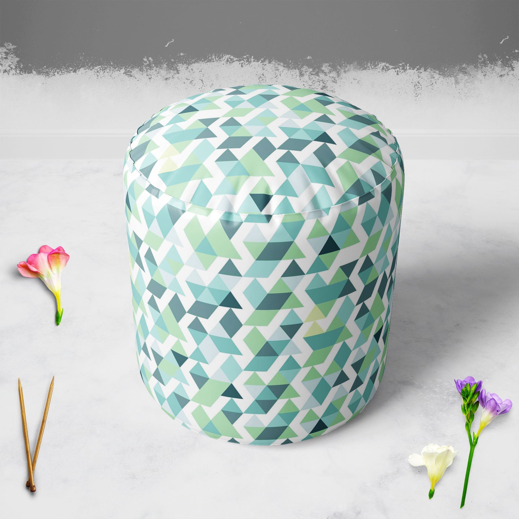 Bright Blue Triangles Footstool Footrest Puffy Pouffe Ottoman Bean Bag | Canvas Fabric