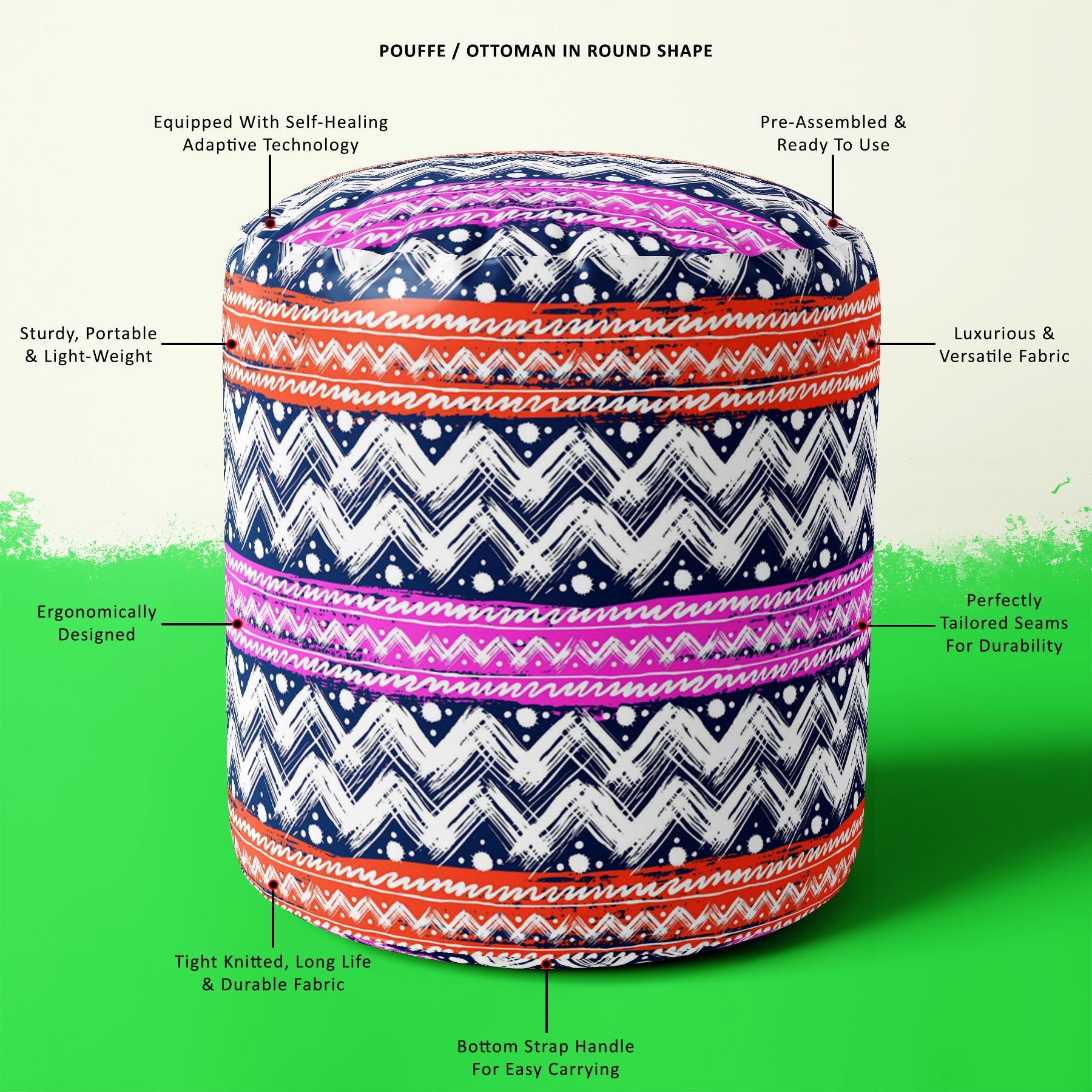 Bold Zigzag Footstool Footrest Puffy Pouffe Ottoman Bean Bag | Canvas Fabric