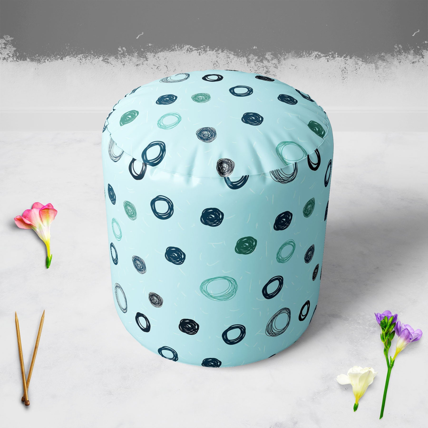Circled Sketch Footstool Footrest Puffy Pouffe Ottoman Bean Bag | Canvas Fabric