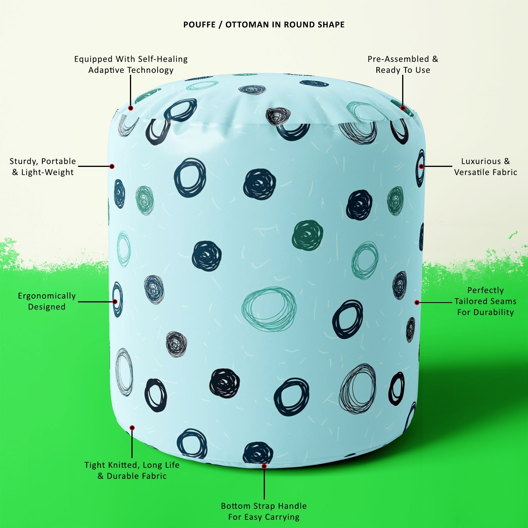 Circled Sketch Footstool Footrest Puffy Pouffe Ottoman Bean Bag | Canvas Fabric
