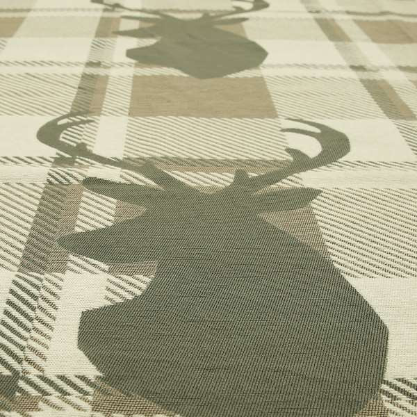 Brown Beige Stag Head Animal On Background Checked Pattern Soft Woven Quality Upholstery Fabric JO-434 - Handmade Cushions