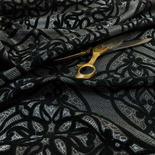 Vegas Black Silver Shine Effect Geometric Large Pattern Medallion Soft Chenille Upholstery Fabric JO-475 - Handmade Cushions