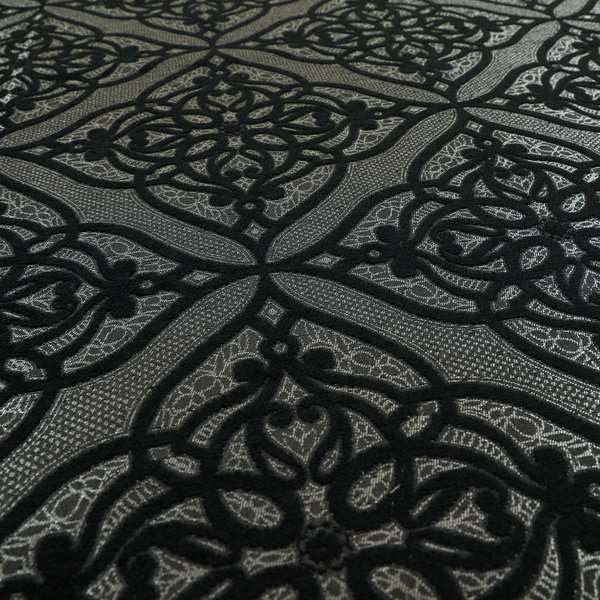 Vegas Black Silver Shine Effect Geometric Large Pattern Medallion Soft Chenille Upholstery Fabric JO-475 - Handmade Cushions